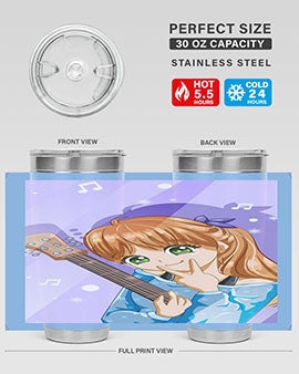 Cute anime girl with guitar design on a stainless steel tumbler, showcasing vibrant colors and a stylish look.
