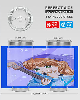 Cute anime girl with guitar design on a stainless steel tumbler, showcasing vibrant colors and a stylish look.