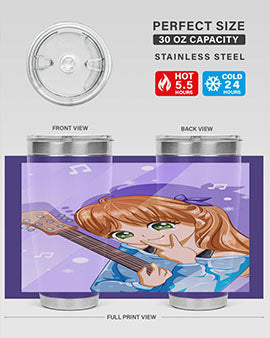 Cute anime girl with guitar design on a stainless steel tumbler, showcasing vibrant colors and a stylish look.