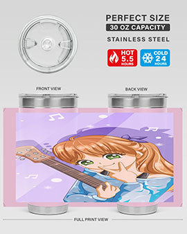 Cute anime girl with guitar design on a stainless steel tumbler, showcasing vibrant colors and a stylish look.