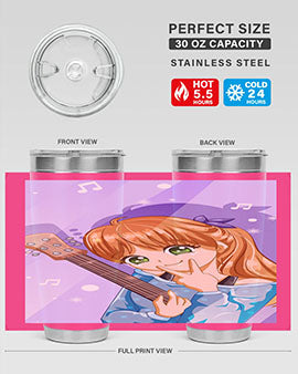 Cute anime girl with guitar design on a stainless steel tumbler, showcasing vibrant colors and a stylish look.