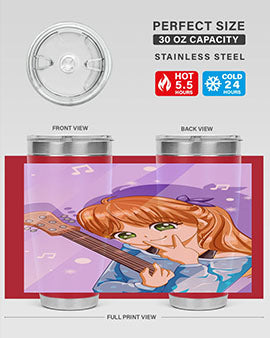 Cute anime girl with guitar design on a stainless steel tumbler, showcasing vibrant colors and a stylish look.