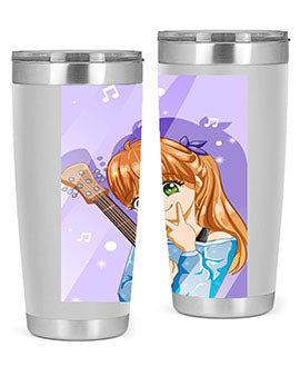 Cute anime girl with guitar design on a stainless steel tumbler, showcasing vibrant colors and a stylish look.
