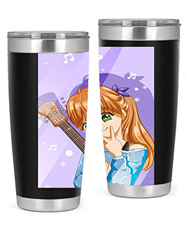 Cute anime girl with guitar design on a stainless steel tumbler, showcasing vibrant colors and a stylish look.