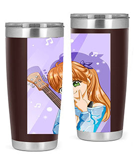 Cute anime girl with guitar design on a stainless steel tumbler, showcasing vibrant colors and a stylish look.