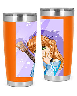 Cute anime girl with guitar design on a stainless steel tumbler, showcasing vibrant colors and a stylish look.