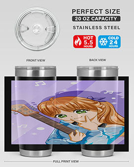 Cute anime girl with guitar design on a stainless steel tumbler, showcasing vibrant colors and a stylish look.