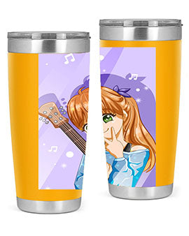 Cute anime girl with guitar design on a stainless steel tumbler, showcasing vibrant colors and a stylish look.