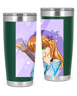 Cute anime girl with guitar design on a stainless steel tumbler, showcasing vibrant colors and a stylish look.