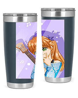 Cute anime girl with guitar design on a stainless steel tumbler, showcasing vibrant colors and a stylish look.