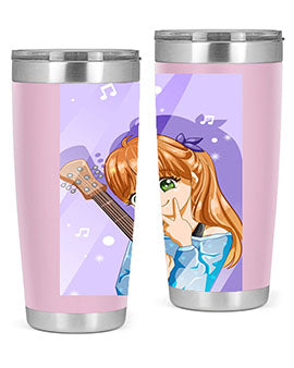 Cute anime girl with guitar design on a stainless steel tumbler, showcasing vibrant colors and a stylish look.
