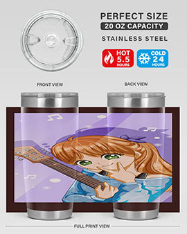 Cute anime girl with guitar design on a stainless steel tumbler, showcasing vibrant colors and a stylish look.
