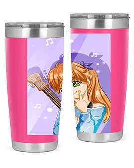 Cute anime girl with guitar design on a stainless steel tumbler, showcasing vibrant colors and a stylish look.