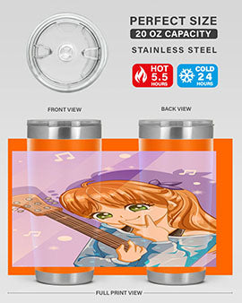 Cute anime girl with guitar design on a stainless steel tumbler, showcasing vibrant colors and a stylish look.