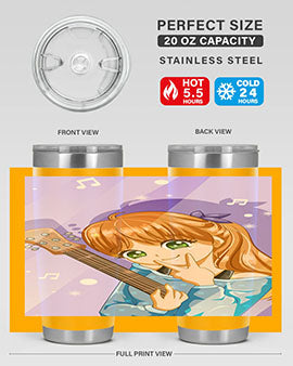 Cute anime girl with guitar design on a stainless steel tumbler, showcasing vibrant colors and a stylish look.