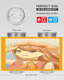 Cute beautiful and funny girl with hat 66# design on a 20oz stainless steel tumbler, showcasing vibrant colors and a stylish look.