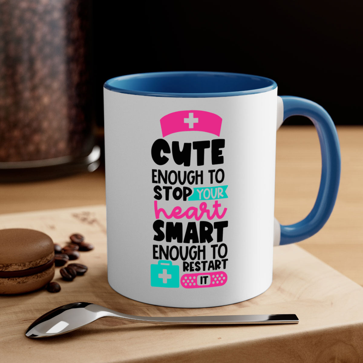Cute Enough To Stop Your Heart Mug with a glossy finish, featuring a colored handle and interior, available in five vibrant colors.