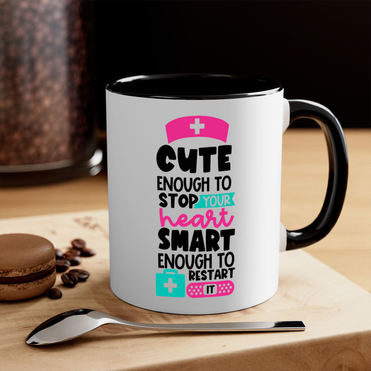 Cute Enough To Stop Your Heart Mug with a glossy finish, featuring a colored handle and interior, available in five vibrant colors.