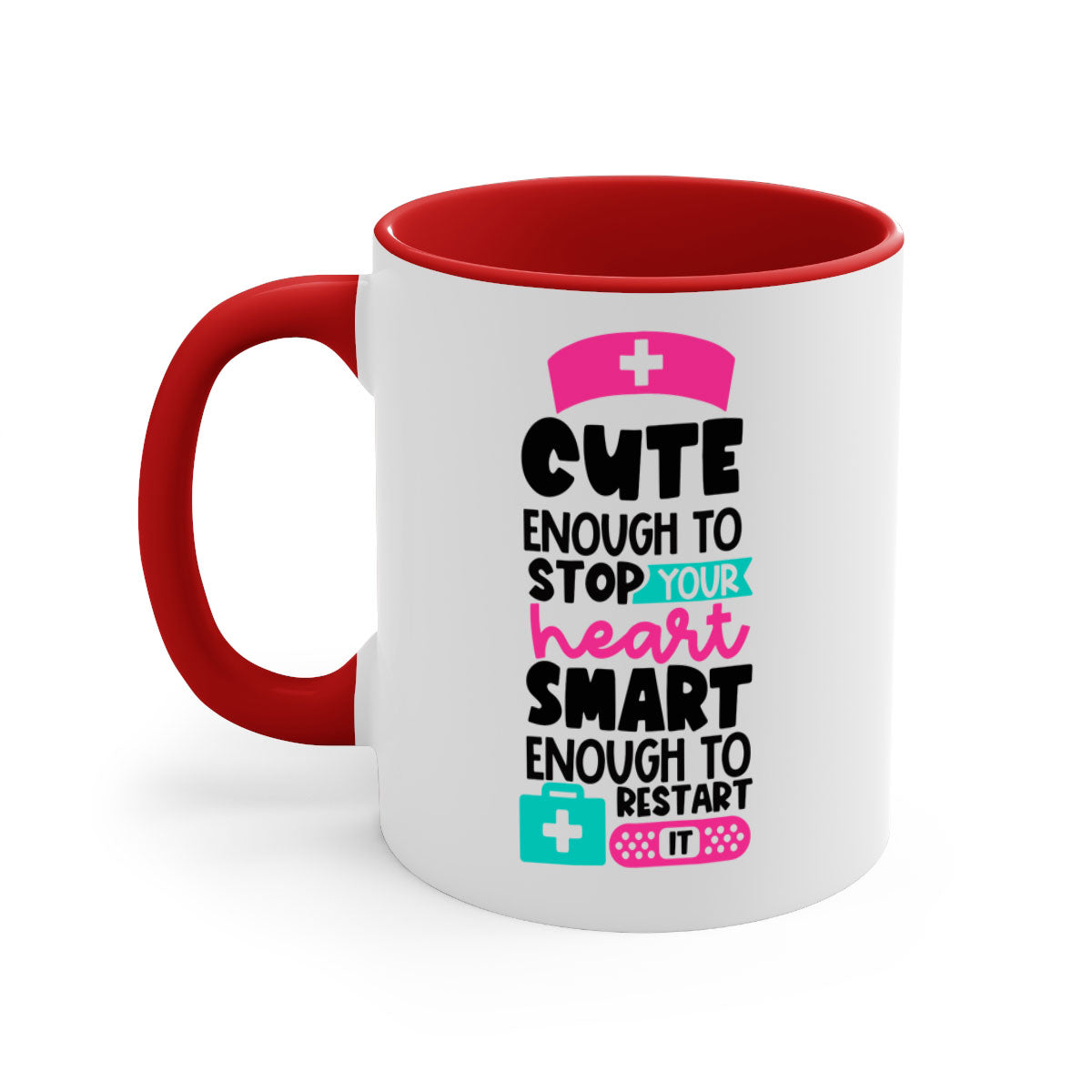 Cute Enough To Stop Your Heart Mug with a glossy finish, featuring a colored handle and interior, available in five vibrant colors.