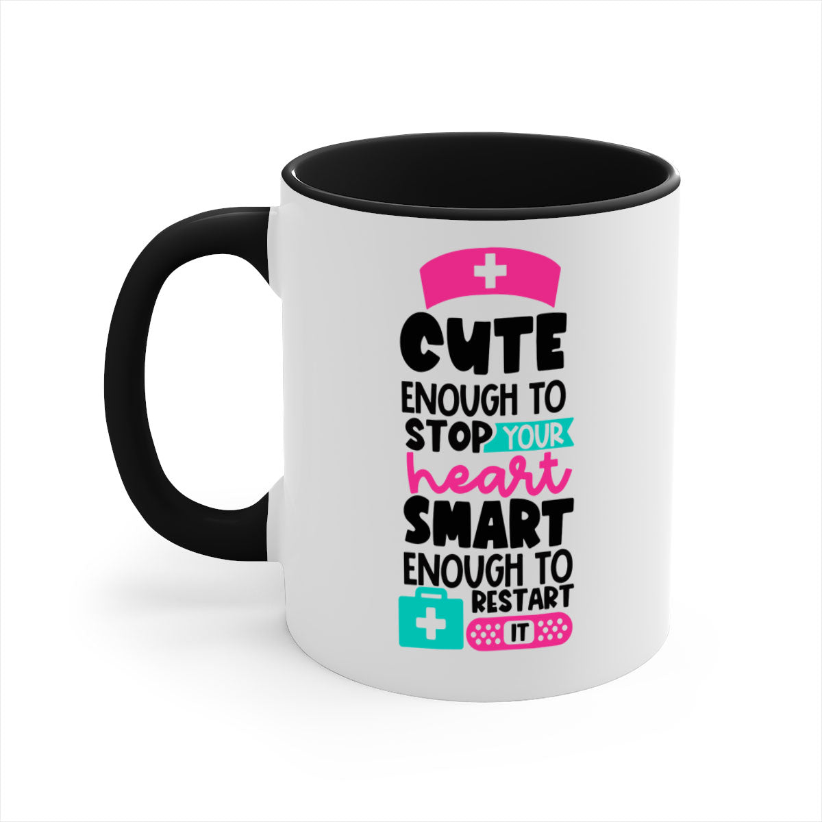 Cute Enough To Stop Your Heart Mug with a glossy finish, featuring a colored handle and interior, available in five vibrant colors.