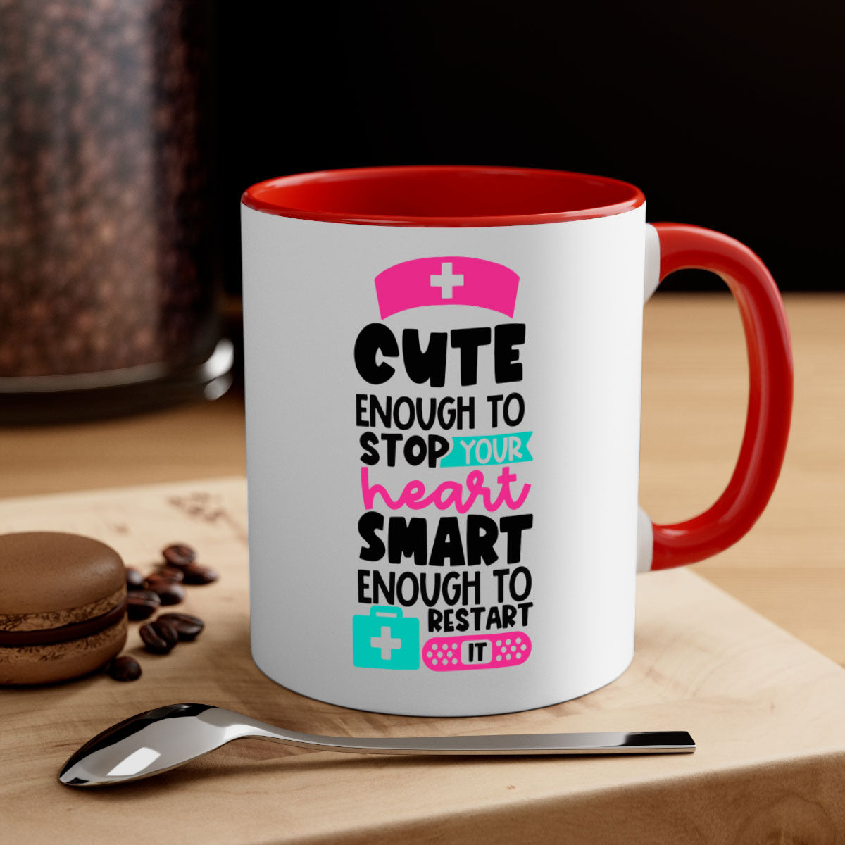 Cute Enough To Stop Your Heart Mug with a glossy finish, featuring a colored handle and interior, available in five vibrant colors.