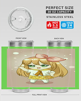 Cute anime tumbler featuring a little girl with yellow hair, designed for hot and cold beverages.