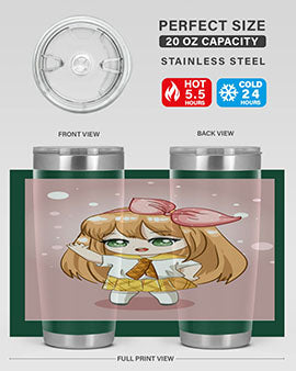 Cute anime tumbler featuring a little girl with yellow hair, designed for hot and cold beverages.