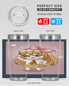 Cute anime tumbler featuring a little girl with yellow hair, designed for hot and cold beverages.