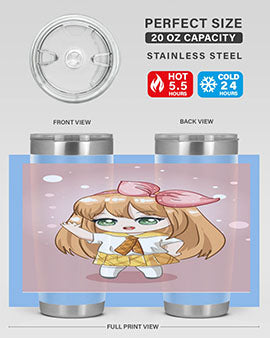 Cute anime tumbler featuring a little girl with yellow hair, designed for hot and cold beverages.