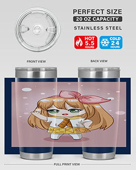 Cute anime tumbler featuring a little girl with yellow hair, designed for hot and cold beverages.