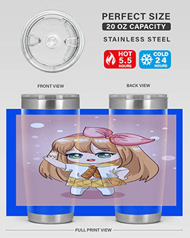 Cute anime tumbler featuring a little girl with yellow hair, designed for hot and cold beverages.