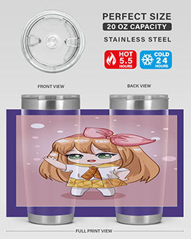 Cute anime tumbler featuring a little girl with yellow hair, designed for hot and cold beverages.