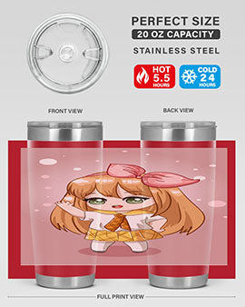 Cute anime tumbler featuring a little girl with yellow hair, designed for hot and cold beverages.