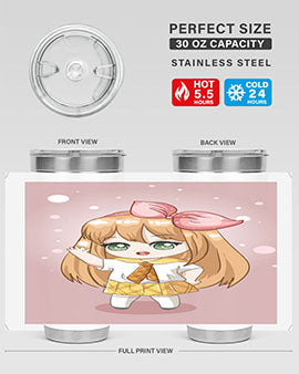 Cute anime tumbler featuring a little girl with yellow hair, designed for hot and cold beverages.