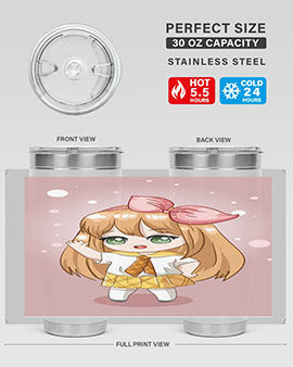 Cute anime tumbler featuring a little girl with yellow hair, designed for hot and cold beverages.