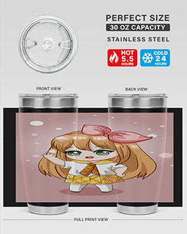 Cute anime tumbler featuring a little girl with yellow hair, designed for hot and cold beverages.