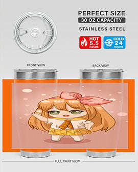 Cute anime tumbler featuring a little girl with yellow hair, designed for hot and cold beverages.