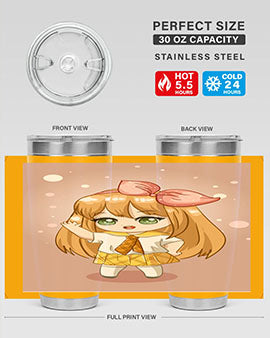 Cute anime tumbler featuring a little girl with yellow hair, designed for hot and cold beverages.