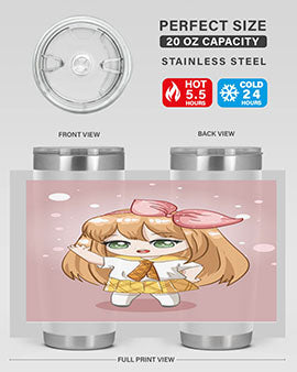 Cute anime tumbler featuring a little girl with yellow hair, designed for hot and cold beverages.