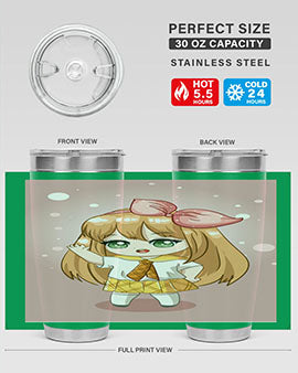 Cute anime tumbler featuring a little girl with yellow hair, designed for hot and cold beverages.