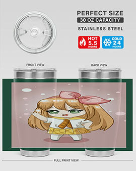 Cute anime tumbler featuring a little girl with yellow hair, designed for hot and cold beverages.