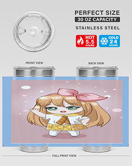 Cute anime tumbler featuring a little girl with yellow hair, designed for hot and cold beverages.