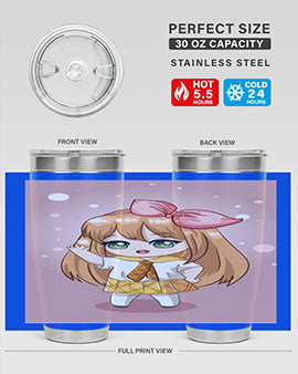 Cute anime tumbler featuring a little girl with yellow hair, designed for hot and cold beverages.