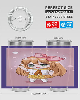 Cute anime tumbler featuring a little girl with yellow hair, designed for hot and cold beverages.