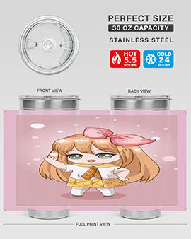 Cute anime tumbler featuring a little girl with yellow hair, designed for hot and cold beverages.