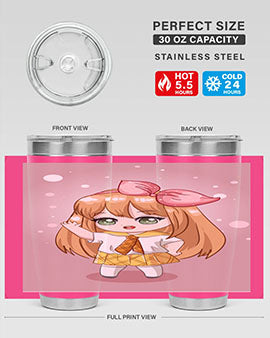 Cute anime tumbler featuring a little girl with yellow hair, designed for hot and cold beverages.