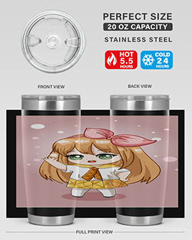 Cute anime tumbler featuring a little girl with yellow hair, designed for hot and cold beverages.