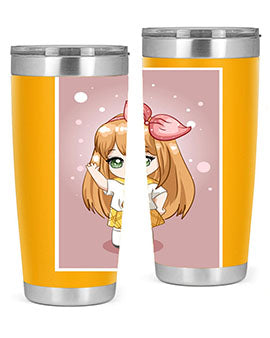 Cute anime tumbler featuring a little girl with yellow hair, designed for hot and cold beverages.