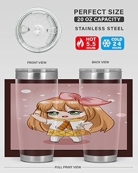 Cute anime tumbler featuring a little girl with yellow hair, designed for hot and cold beverages.