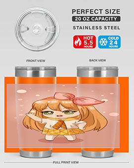 Cute anime tumbler featuring a little girl with yellow hair, designed for hot and cold beverages.